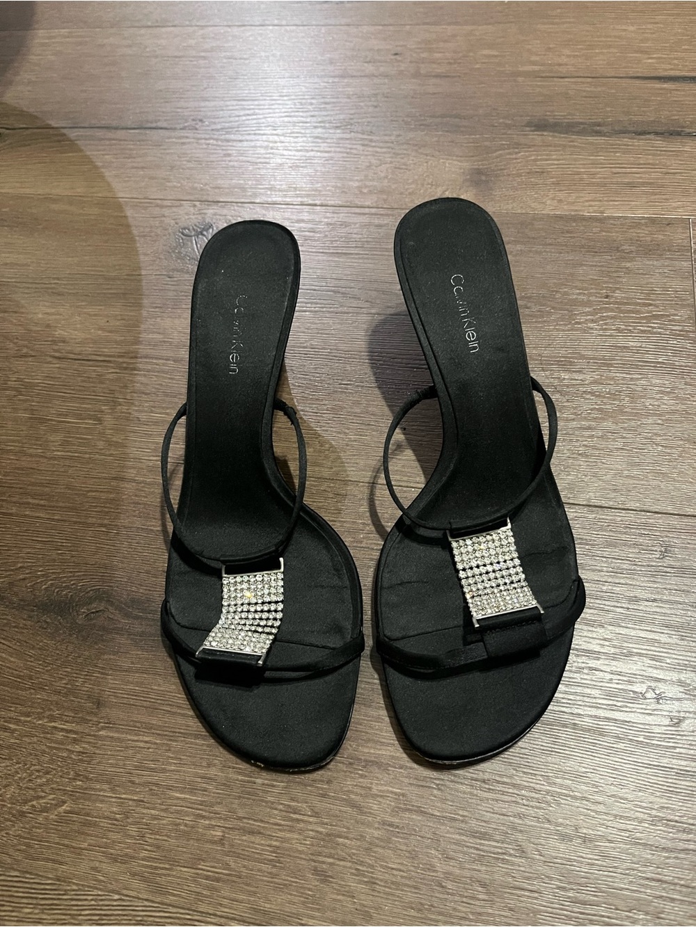 Calvin Klein Black Satin Rhinestone Mesh Slide Sandals
